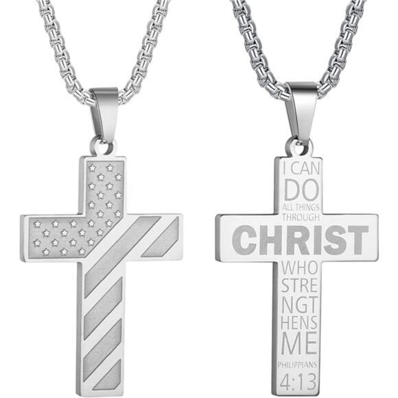 Silver American Flag Christ Cross Necklace Men Stainless Steel Box Chain 22 inch - Picture 1 of 7